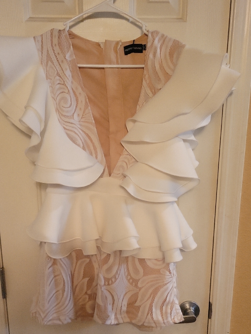 PrettyLittleThing White & Blush Ruffle Peplum Shorts Jumpsuit with Lace Insets